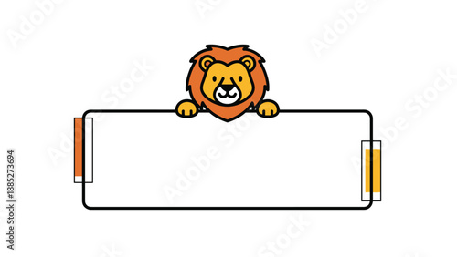 Cute illustrated lion head with a brown mane peeking over a large horizontal blank white banner against a white background.