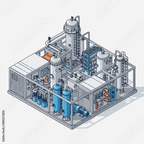 Isometric Industrial Water Treatment Plant with Pipes and Tanks.
