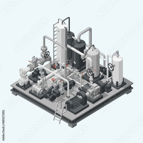Isometric Industrial Water Treatment Plant with Pumps and Tanks.