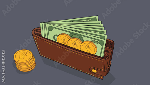 Brown leather wallet stuffed with several green hundred dollar bills and a stack of gold coins on a dark gray background.