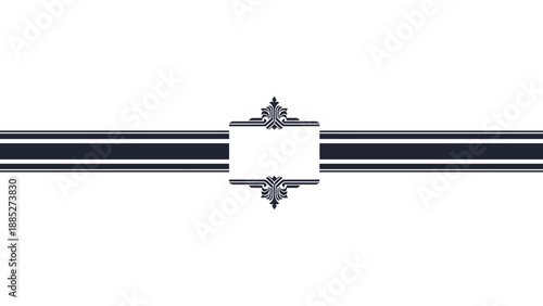 Minimalist black and white border design featuring an ornamental centerpiece and thick horizontal bands on a white background.