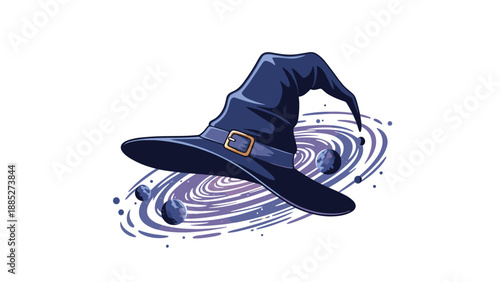 Dark blue wizard hat with a golden buckle floating amidst a cosmic nebula and spinning planets in deep outer space illustration.