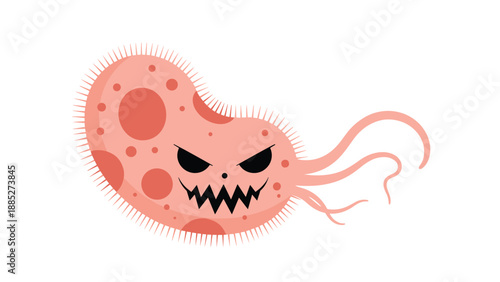 Pink microscopic bacteria or germ character with large angry eyes and sharp teeth and multiple tails for motion.