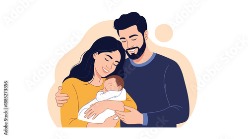 Loving parents holding their sleeping newborn baby wrapped in a soft white blanket in a heartwarming family portrait illustration.