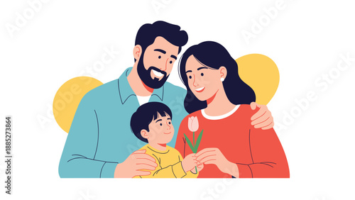 Happy family of three with father and mother hugging their young son who is holding a single pink tulip flower together.