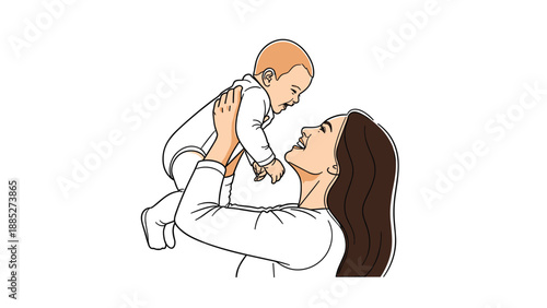 Happy mother lifting her smiling baby high in the air against a clean white background in a simple yet heartwarming illustrative style.