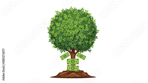 Lush green tree with money bills growing and falling from its branches symbolizing wealth, growth, and financial success illustration.