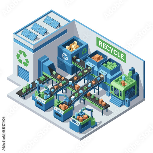 Isometric Recycling Plant with Conveyor Belts and Sorting Machines.