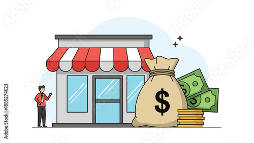 Small business store building next to a large money bag, stacks of coins, and green dollar bills with a professional man standing by.