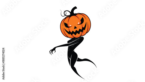 Stylized silhouette of a female figure with a menacing carved jack-o-lantern pumpkin head in a spooky Halloween pose illustration.