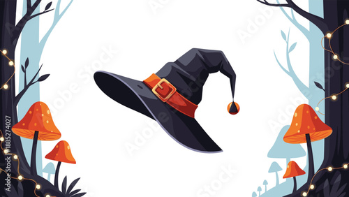 Pointy black witch hat with an orange buckle strap floating in a magical forest filled with glowing mushrooms and fairy lights design.