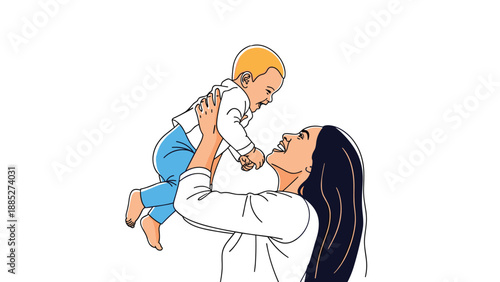 Loving mother wearing white lifting her happy baby high in the air in a minimalist flat vector illustration style for family theme.