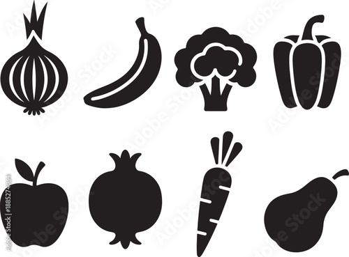 Black silhouettes of various fruits and vegetables