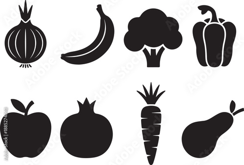 Black silhouettes of various fruits and vegetables icons
