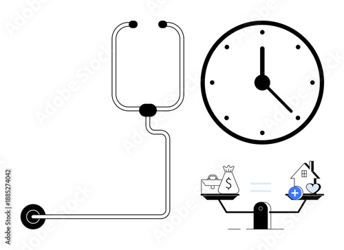 Time management. Clock efficiency and scale balancing work and life goals time management. Ideal for productivity, scheduling, career growth, and work-life balance