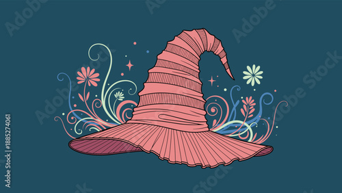 Whimsical pink witch hat with many folds decorated with swirly vines and small flowers on a dark teal background for Halloween theme.