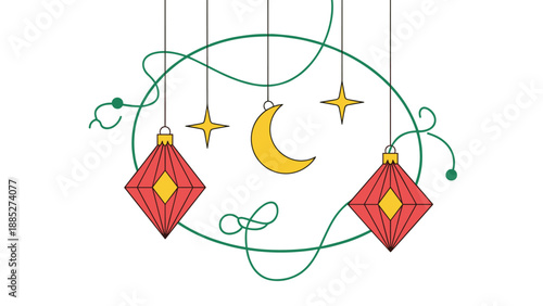 Ornate festive decoration with red lanterns, yellow stars, and a crescent moon hanging inside a green circular vine on white background.