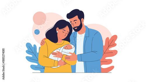 Heartwarming illustration of a mother and father lovingly looking at their newborn baby wrapped in a white blanket in a family scene.