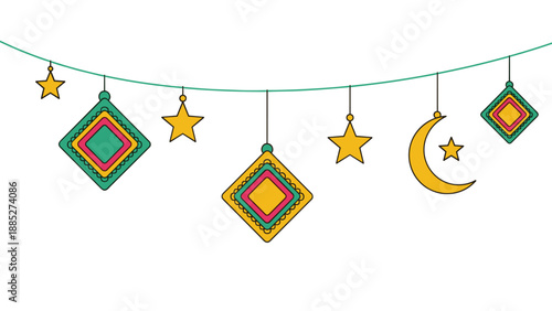 Colorful festive banner with various hanging geometric lanterns, stars, and a crescent moon against a plain white background design.