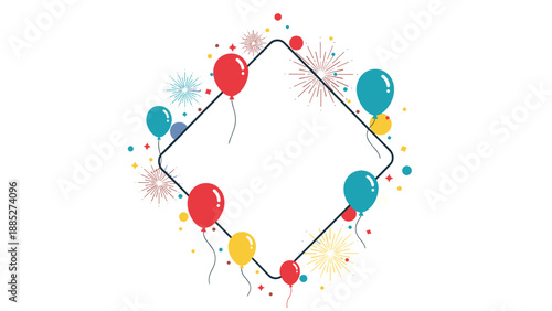 Diamond shaped festive frame decorated with colorful balloons, fireworks, and confetti on a clean white background for celebrations.