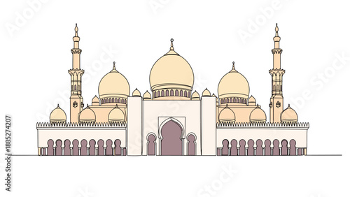 Majestic mosque building illustrated with continuous line art and soft tan colors, capturing elegant Islamic architecture and heritage.