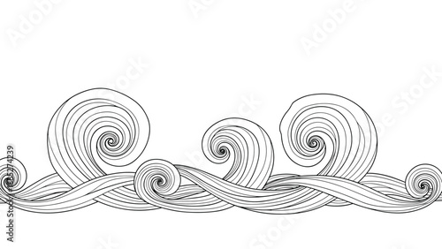 Continuous black line art waves with swirling patterns, representing the ocean sea and flowing water in a minimalist graphic style.