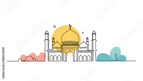 Minimalist mosque building silhouette with a large yellow sun in the background, featuring colorful cloud shapes and thin line art.
