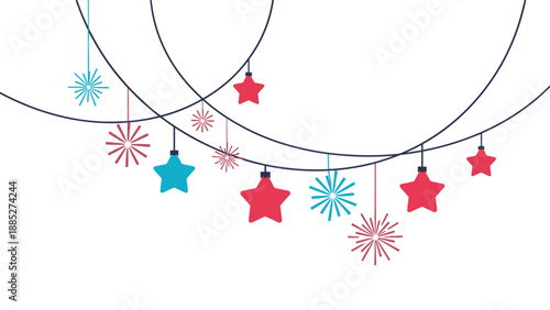 Festive hanging decorations featuring colorful stars and sunbursts suspended from curved lines, perfect for party and holiday backdrops.