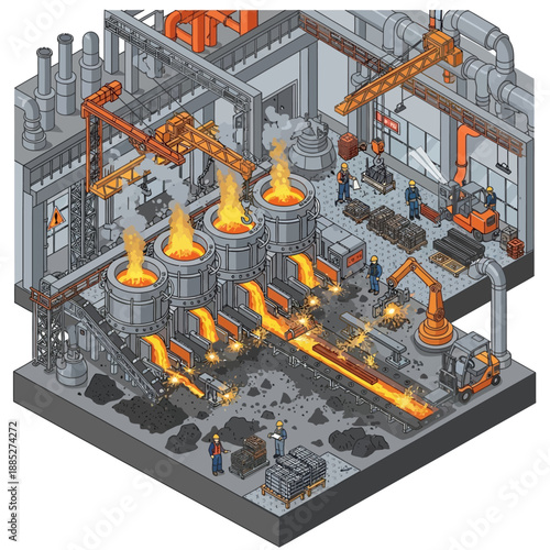 Isometric view of a bustling steel mill with molten metal and machinery.