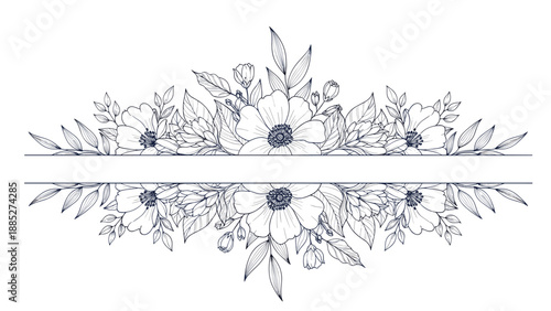 Symmetrical floral border with detailed black line art flowers and leaves, featuring a horizontal split for titles or personalized text.