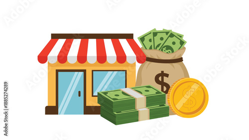 Commercial business concept featuring a small storefront, a bag of money, stacks of cash, and a large gold coin, representing trade.