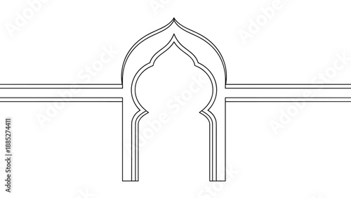 Traditional Islamic archway outline presented in a clean black and white vector format with horizontal lines for a religious or cultural border.