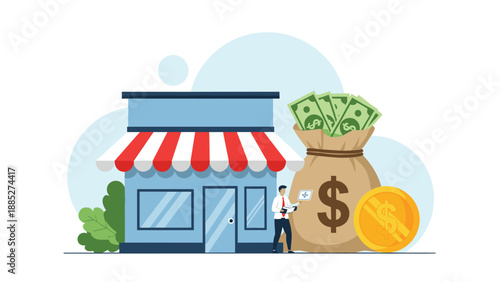 Small business storefront next to an enormous sack of cash and a stack of bills to represent successful growth, profit, and financial wealth.