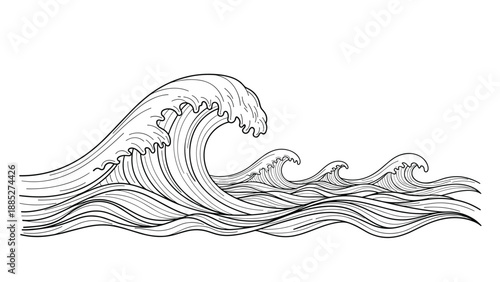 Detailed hand-drawn illustration of powerful ocean waves crashing with white foam and intricate line work in a classic woodcut or engraving style.