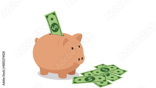 Classic peach-colored piggy bank receiving a dollar bill while a pile of green cash sits nearby to illustrate the concept of saving money.