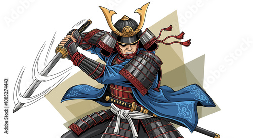 Illustration of a Japanese samurai warrior in traditional armor, in a dynamic action pose with his sword raised, ready for battle