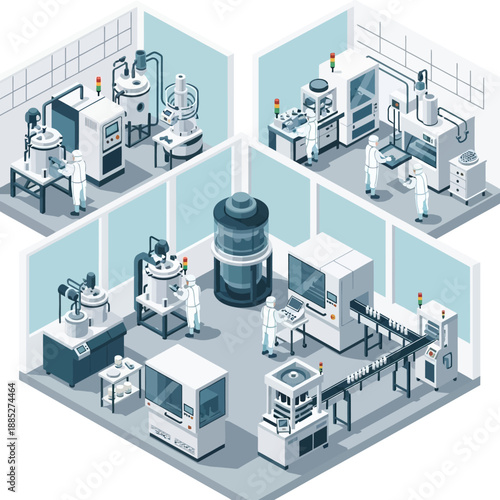 Isometric view of a modern laboratory with advanced scientific equipment and researchers.