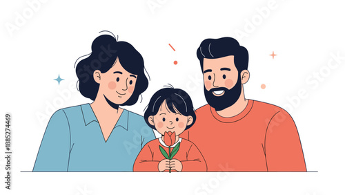 Loving parents smiling at their young daughter who is holding a single red tulip in a sweet family portrait that emphasizes togetherness.
