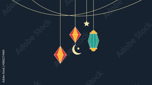Traditional Ramadan hanging lanterns of various colors and shapes along with a crescent moon and stars against a dark navy blue background.