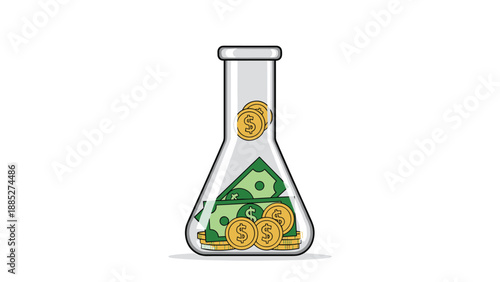 Clear glass laboratory flask filled with a mixture of green dollar bills and gold coins to represent the chemistry of financial success and gain.