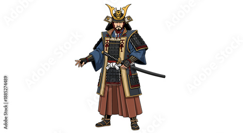 Detailed illustration of a Japanese samurai warrior in full traditional armor, complete with a horned helmet and katana, representing the historical military power of feudal Japan