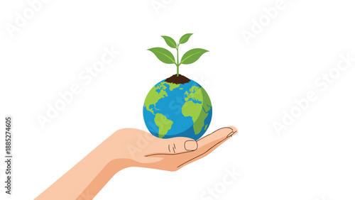 Human hand gently supporting the planet Earth with a small green sprout growing from the top to symbolize environmental care and sustainability.