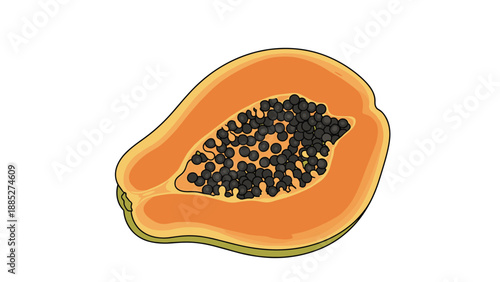 Detailed cross-section of a ripe papaya fruit showing its orange flesh and a cluster of small black seeds in the center on a white background.