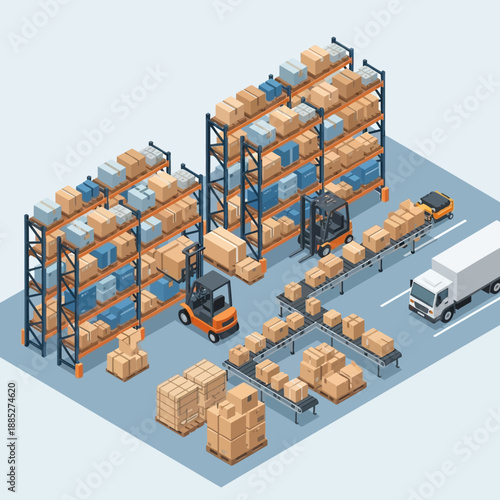 Isometric Warehouse Logistics and Distribution Center Operations.