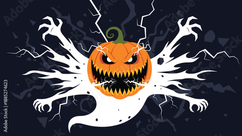 Menacing jack-o-lantern head attached to a ghostly white body with long claws amid strikes of electrical lightning for a scary Halloween scene.