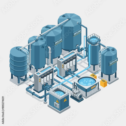 Isometric Water Treatment Plant with Tanks and Filtration Systems.