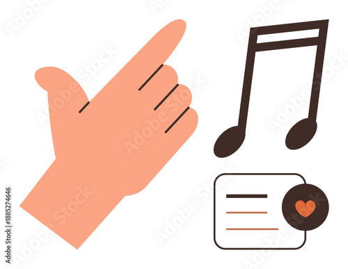 Music streaming, social interaction, creative expression, media updates, notifications, digital communication. A hand gesture, musical note and heart-labeled icon. Music streaming and social