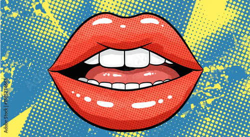 Vibrant pop art illustration of expressive red lips with white teeth and a pink tongue, set against a dynamic halftone dot background, evoking retro comic book aesthetics