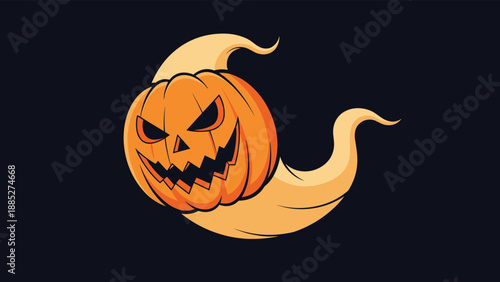 Spooky halloween ghost with carved pumpkin head flying against dark blue background for festive seasonal party decoration and cards.