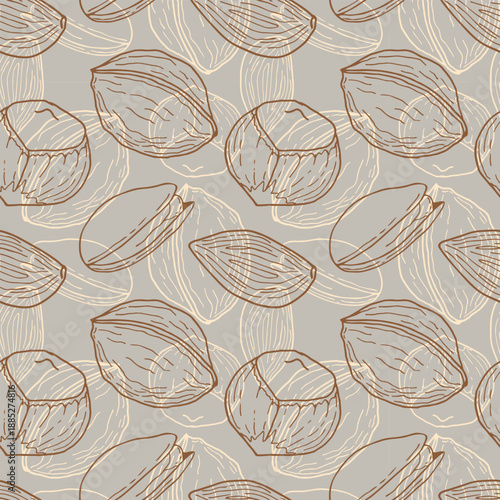 Healthy food nuts and seeds, vegetarian pattern with hand-drawn walnuts, hazelnuts, pistachios, and almonds. Outline graphics. Packaging, wallpaper, wrapper, background.